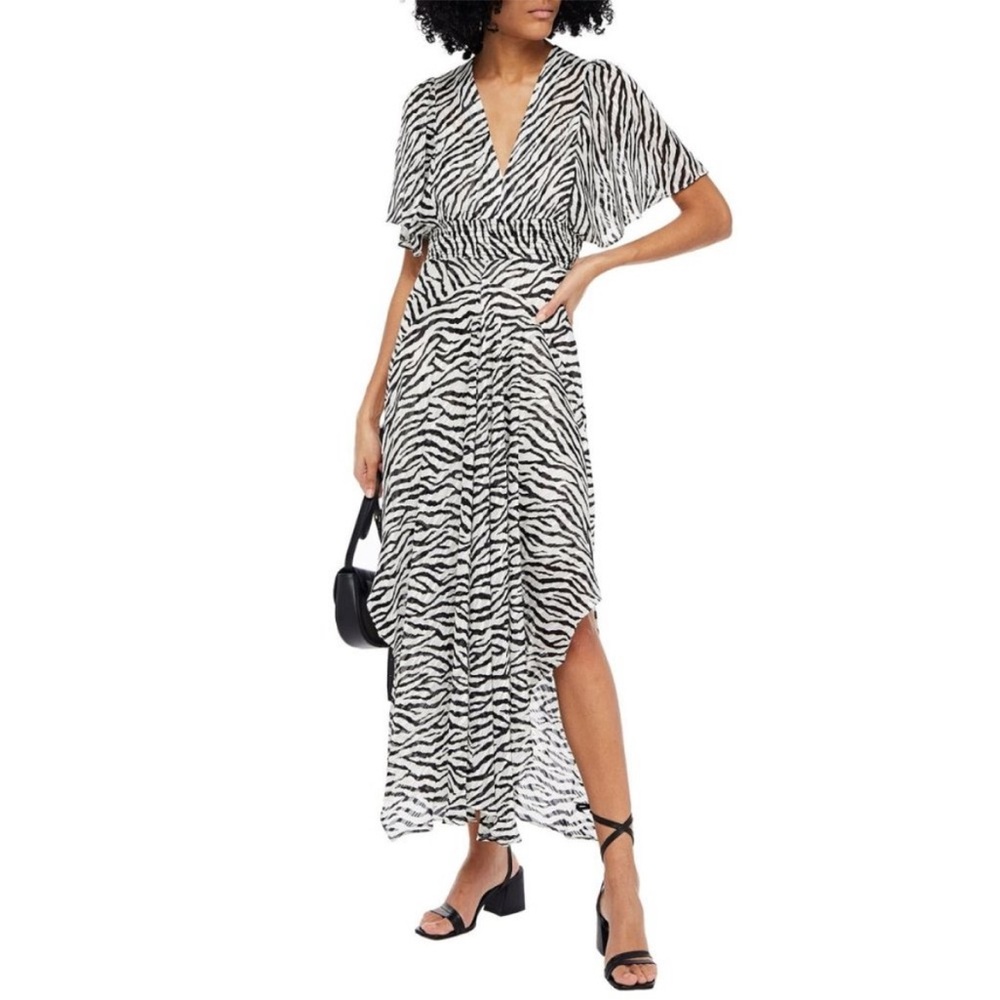 Maje Rachelle Shirred Zebra Print V Neck Black White Metallic Maxi Dress 36/ 4